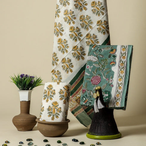 Floral Jaal Hand Block Print Cotton Suit Set with Mulmul Dupattta (PRMUL49)